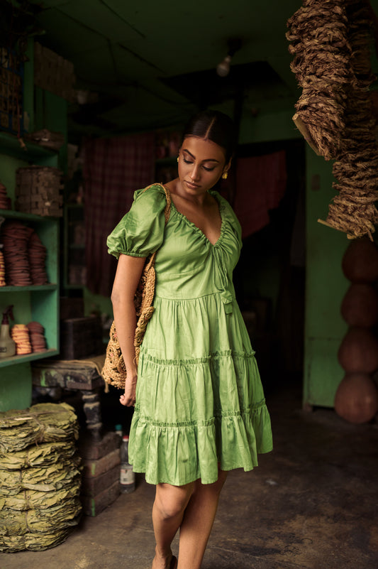Grasshopper Puff-sleeve V-neck Mini Dress