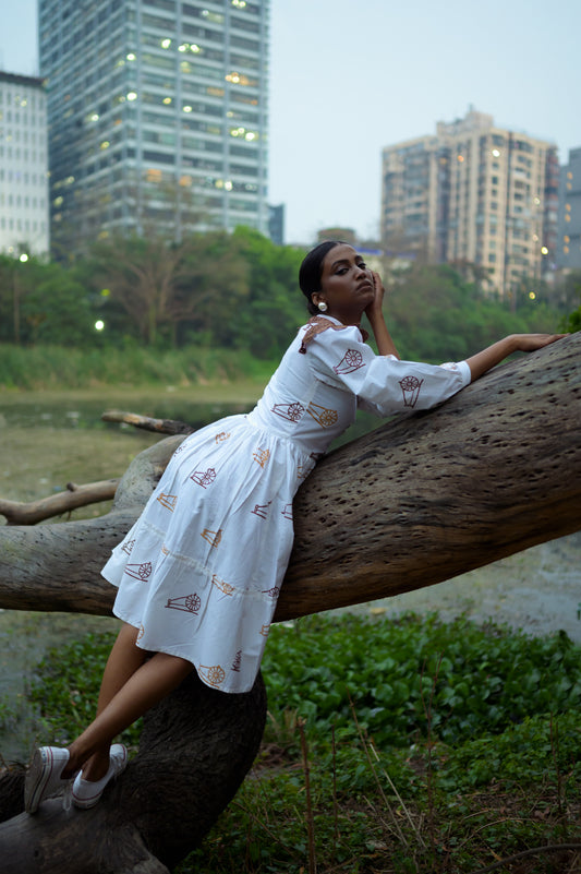 Peter Pan collar- hand block print -white dress