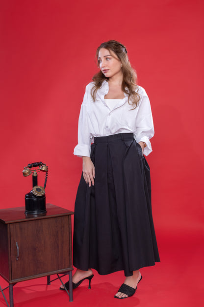 Noir Bloom – Box Pleated Midi Skirt