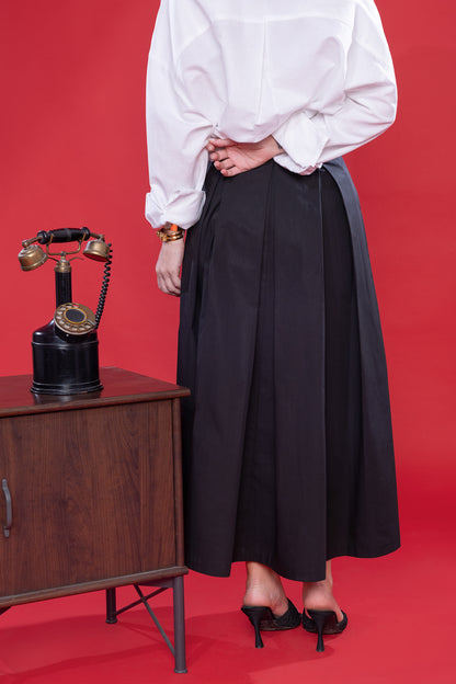 Noir Bloom – Box Pleated Midi Skirt