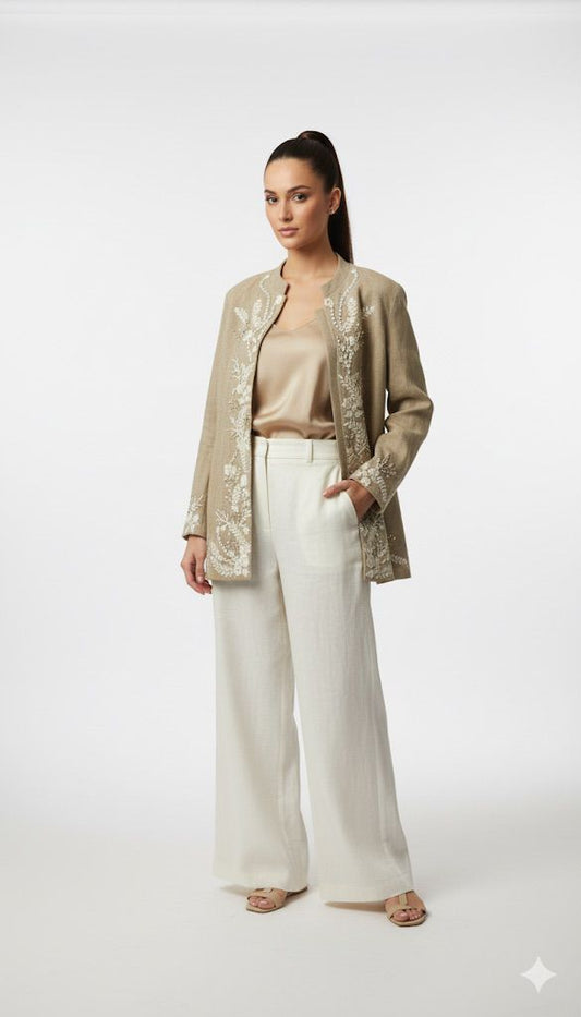 Beige Meadow Embroidered Linen Jacket