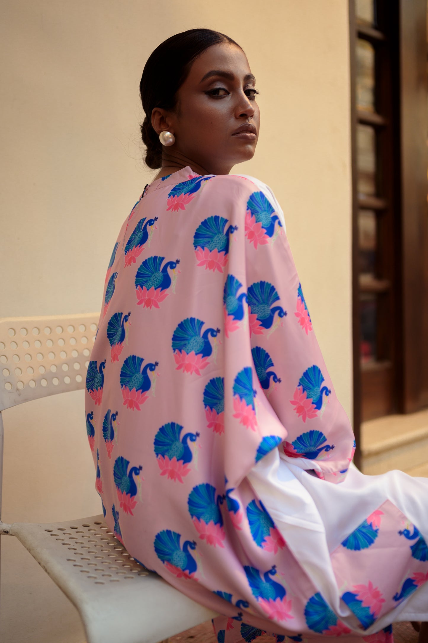 Kaftan - peacock print dress with Batwing Sleeves