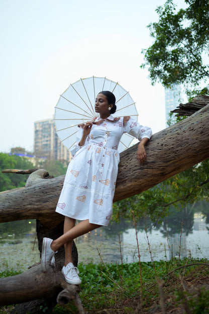 Peter Pan collar- hand block print -white dress