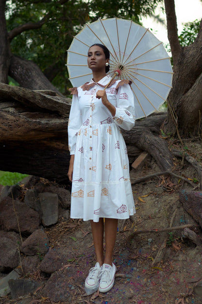 Peter Pan collar- hand block print -white dress