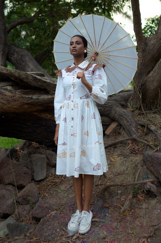 Peter Pan collar- hand block print -white dress