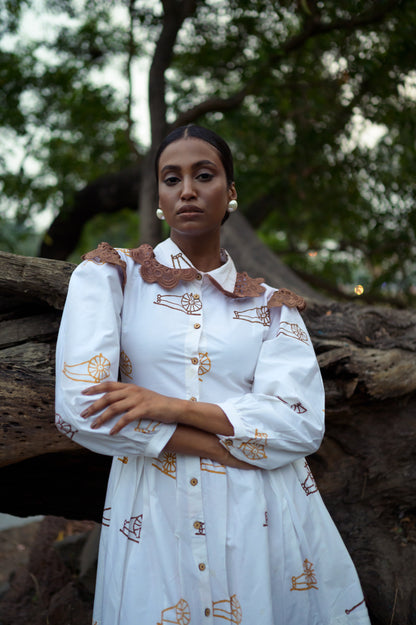 Peter Pan collar- hand block print -white dress