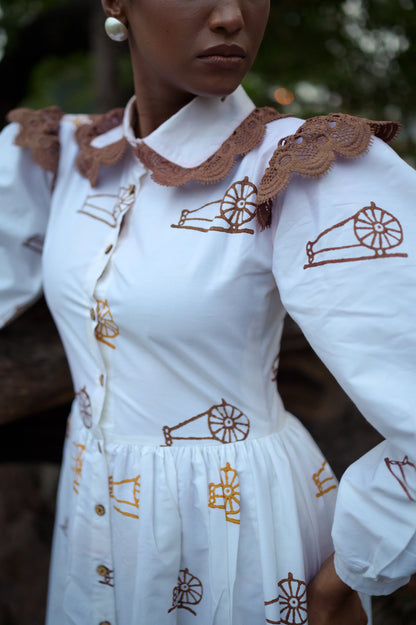 Peter Pan collar- hand block print -white dress
