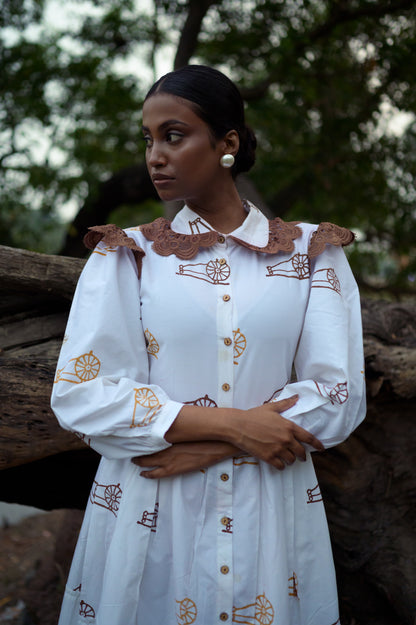 Peter Pan collar- hand block print -white dress