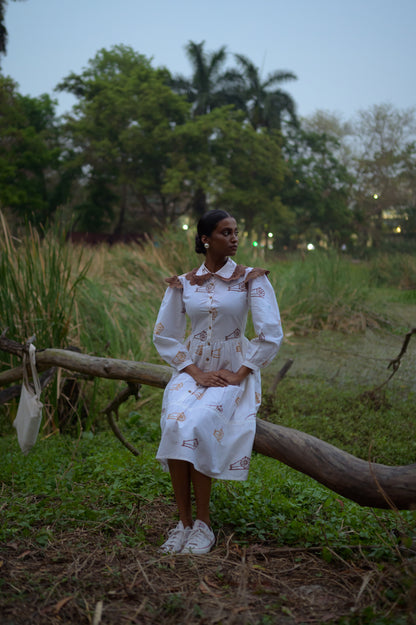 Peter Pan collar- hand block print -white dress